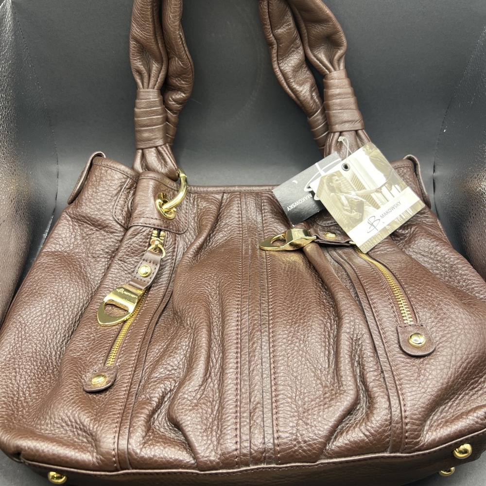 B. Makowsky Women's Rich Brown Pebbled Genuine Leather Shoulder Purse 15w 10h 3d